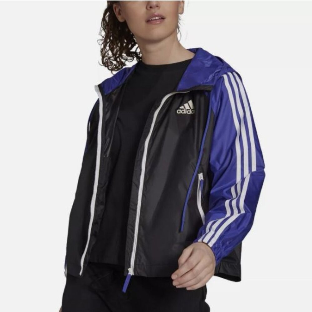 Adidas Women's Hooded Windbreaker Packable Jacket Sz XL Black Blue White Stripes